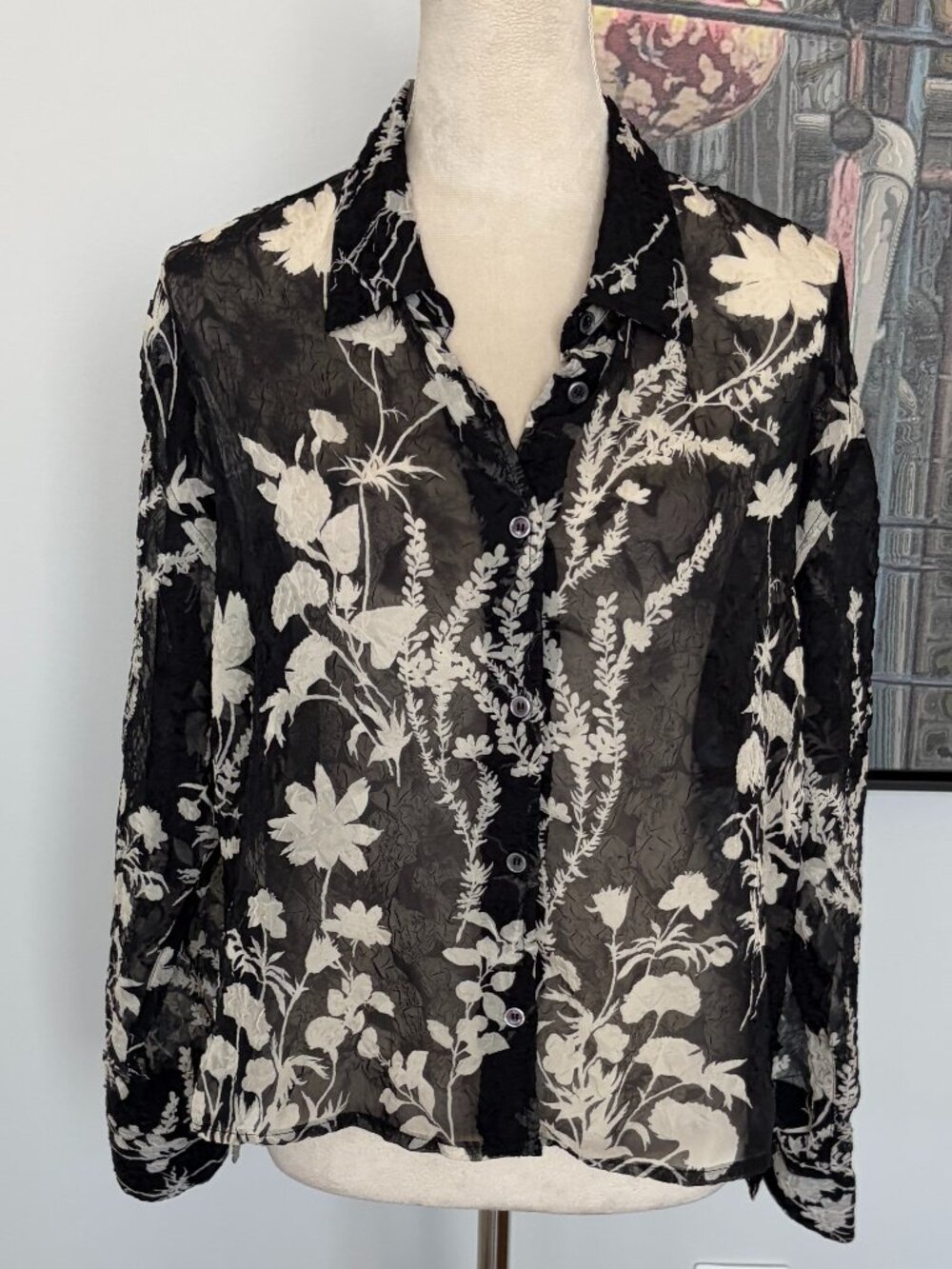 NWT Bailey/44 Black & White Floral Sheer Button-down Top L